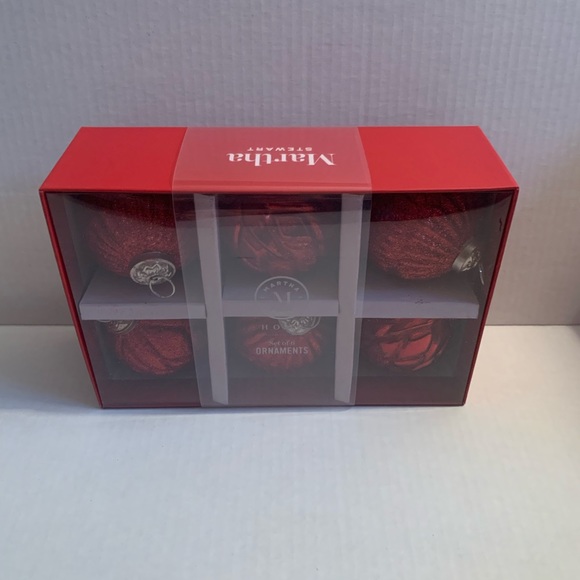 Martha Stewart Ornaments 6 Red Glitter Glass Embellished Christmas Ornaments - Picture 4 of 5